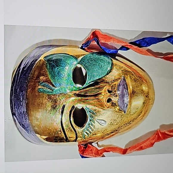 Solid Brass Masks Hand Painted Mardi Gras Vintage Lot of 3 Wall Art - Picture 6 of 8